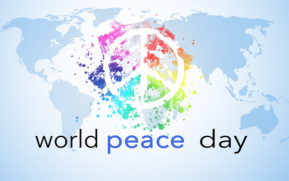 World Peace Day, background with world map and peace symbol