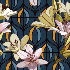 Lilies on vintage seamless pattern.