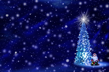 Christmas tree with glowing lights on a garland and a shining star on the crown on a blue Northern Lights background with falling snow. Christmas and New Year`s background with free space for text.