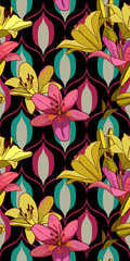 Lilies on vintage seamless pattern.