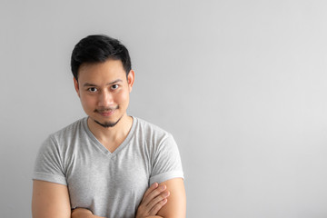 Fototapeta premium Smile and happy face of man point to present an empty space of content.
