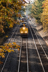 Train traveling down the tracks in Tacoma, Washington