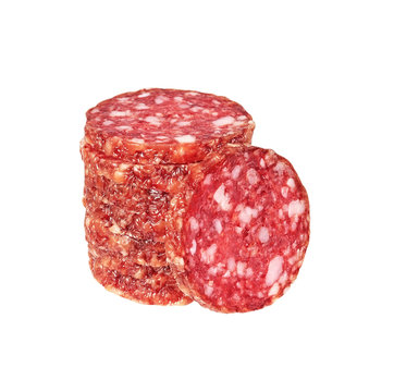 .Slices of salami. Isolated on a white background. sausage cut.uncooked smoked..