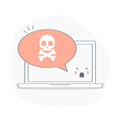 Malware, Virus warning notification, cute Bubble speech red alert with laptop. Funny Concept of Malware, Spam, Fraud, Internet error message, Online Scam, Virus concept