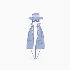 Espionage, Shadowing. Spy, Agent, Inspector, Investigator, Detective character in cute hat with binoculars and magnifying glass, sleuthing, disguising, investigate