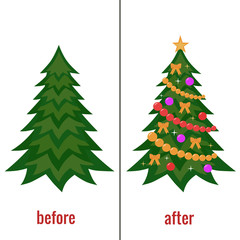 Christmas tree before and after decorating vector illustration.