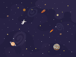 Vector illustration of space, universe. Cute cartoon planets, asteroids, comet, rockets. Kids illustration. - 230267977