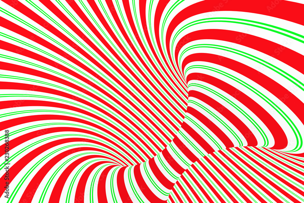 Wall mural christmas festive red and green spiral tunnel. striped twisted xmas optical illusion. hypnotic backg