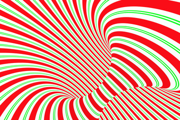Christmas festive red and green spiral tunnel. Striped twisted xmas optical illusion. Hypnotic background. 3D render illustration.
