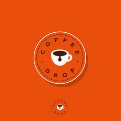Coffee drop logo. Coffee emblem. A cup of coffee on circle badge. Flat logo for cafe. Identity. Business card.