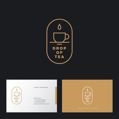 A drop of tea logo. Cup and drop in oval badge. Flat linear logo. Identity. Business card.