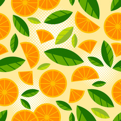 Fruit seamless pattern. Orange or mandarin juicy slice and piece of orange with leaves on light background. Flat illustration.