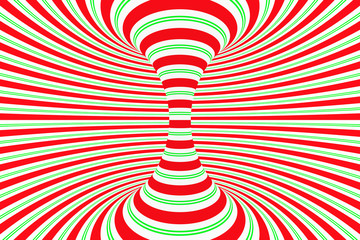 Christmas festive red and green spiral tunnel. Striped twisted xmas optical illusion. Hypnotic background. 3D render illustration.