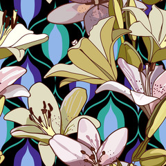 Lilies on vintage seamless pattern.