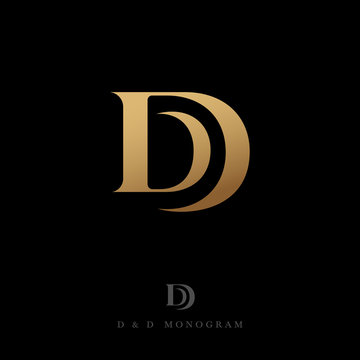 D and D letters. Monogram consist of gold Double D, isolated on a dark background. The vintage style.
