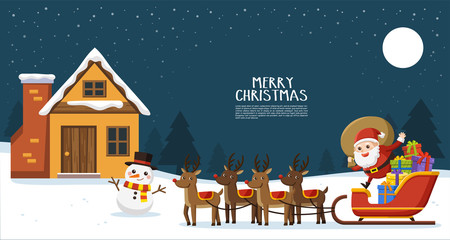 Merry Christmas And Happy New Year Greeting Card. Santa riding in sledge with reindeers.