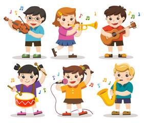 Set Illustration of Kids Playing Musical instruments. Hobbies and interests.