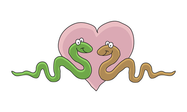 Cartoon illustration of a two cute snake in love, smiling green and brown snakes with pink heart, hand drawn eps10 vector