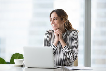 Happy confident businesswoman received good, successful, joyful news at workplace, win, motivated...