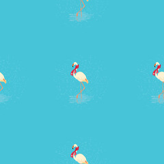 Fototapeta na wymiar White flamingo seamless winter pattern on blue background