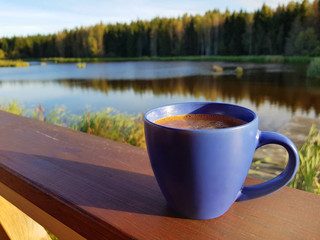 A cup of coffee by a lake in the morning. View from countryside homestead balcony
