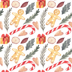 Watercolor Candy cane, Holly, seamless pattern. Watercolor texture.