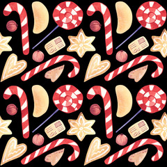 Watercolor Christmas candy cane ginger biscuits seamless pattern