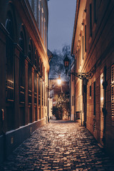 Narrow street at night in the castle district in Budapest