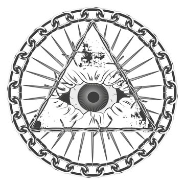 stylized spiritualist symbol. a pyramid of barbed wire with a bone eye in the center. circle of chain and beams