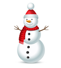 Christmas snowman with red hat with a bubo and striped scarf isolated on white background. Vector illustration