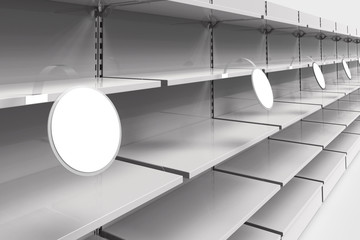  Empty racks with shelves in a supermarket with round wobblers in perspective. 3d illustration.