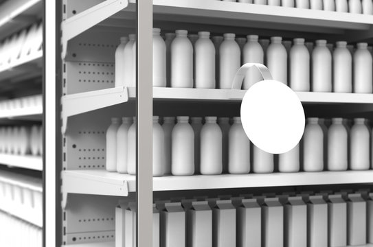 Blank products on supermarket racks and round wobbler. Mockup. 3d illustration. 