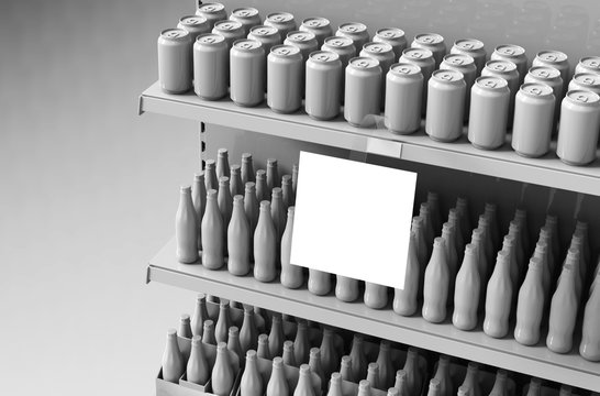 Blank products on supermarket shelves with square wobbler. Mockup. 3d illustration. 