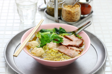 bami nam, egg noodles soup served with roast pork, thai food