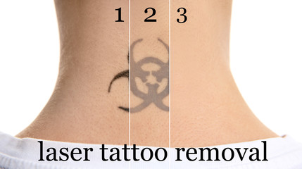 Abstract tattoo on male neck over white background