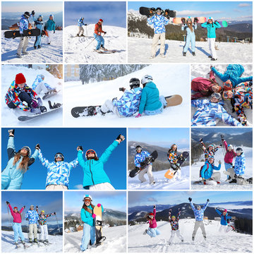Group of young people with sports gear at mountain ski resort. Winter vacation