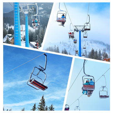 Set of young people with sports gear and aerial lift at mountain ski resort. Winter vacation