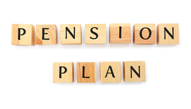 Wooden cubes with text PENSION PLAN on white background