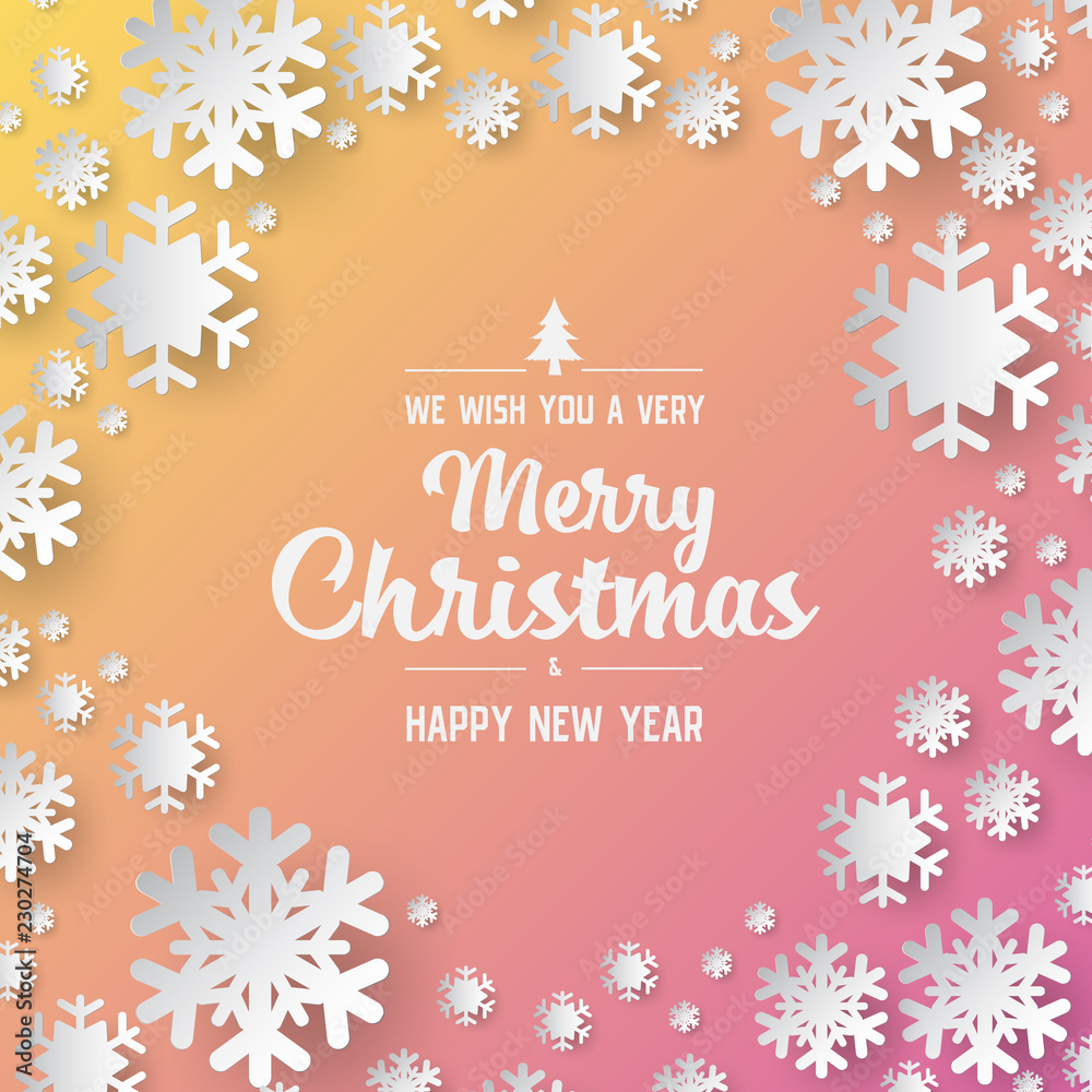 Poster Colours paper cut of vector snowflake on gradient colours ornate background with merry christmas phase text