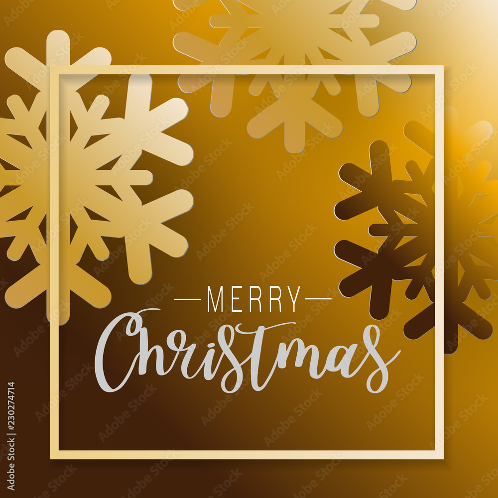 Poster Colours paper cut of vector snowflake on gradient colours ornate background with merry christmas phase text