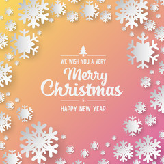 Obraz na płótnie Canvas Colours paper cut of vector snowflake on gradient colours ornate background with merry christmas phase text