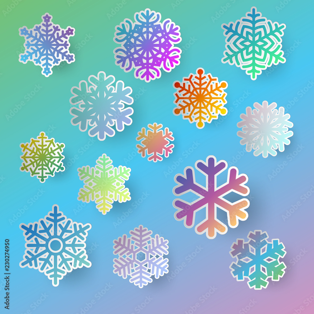 Aufkleber Colours paper cut of vector snowflake on gradient colours ornate background with copy space 