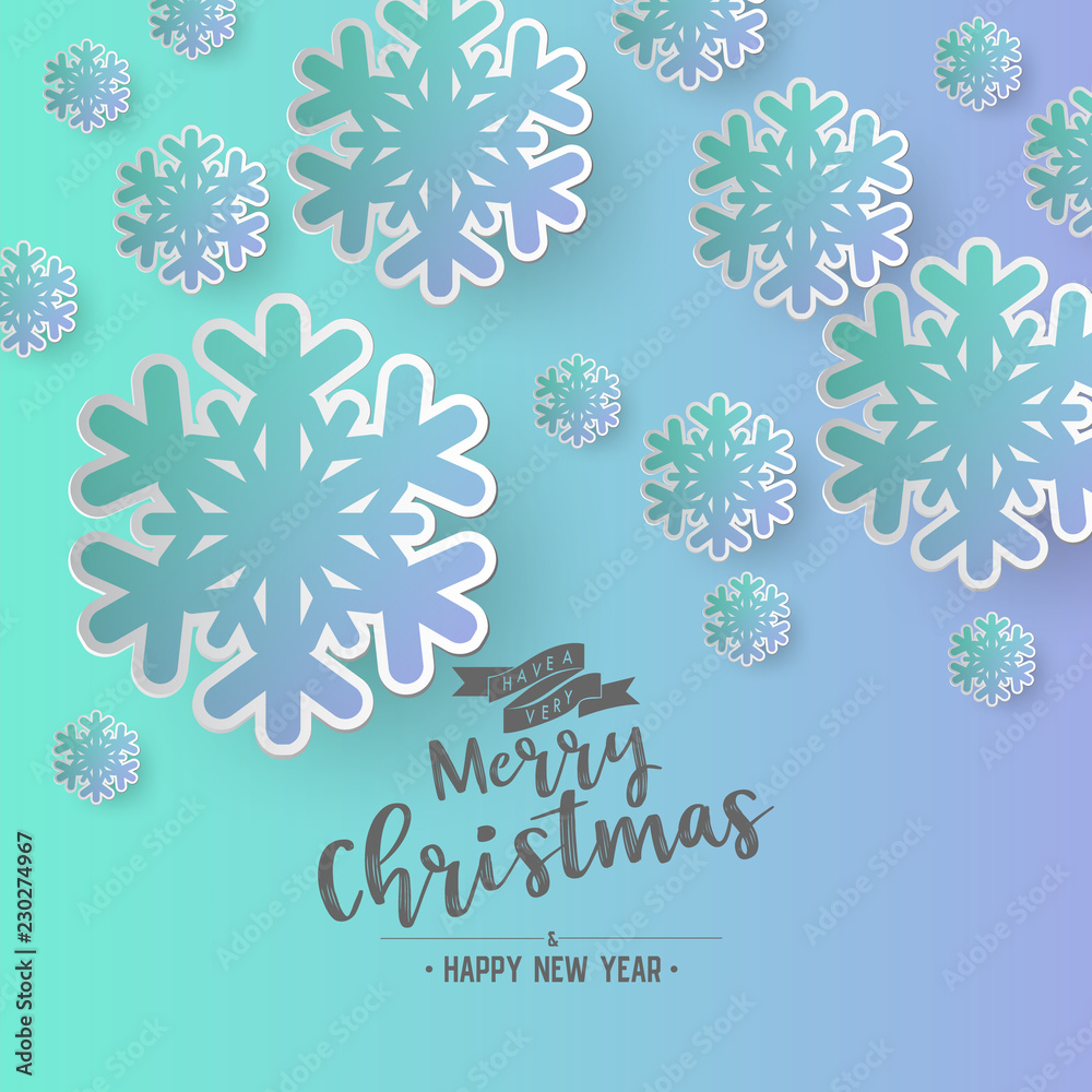Poster colours paper cut of vector snowflake on gradient colours ornate background with merry christmas pha