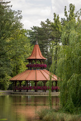 Fototapeta premium Spa Bojnice, Slovakia, Europe. Tower restaurant in garden park.