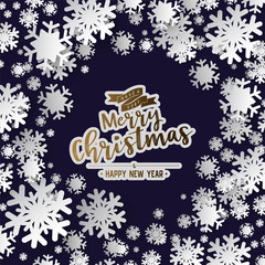 Colours paper cut of vector snowflake on gradient colours ornate background with merry christmas phase text