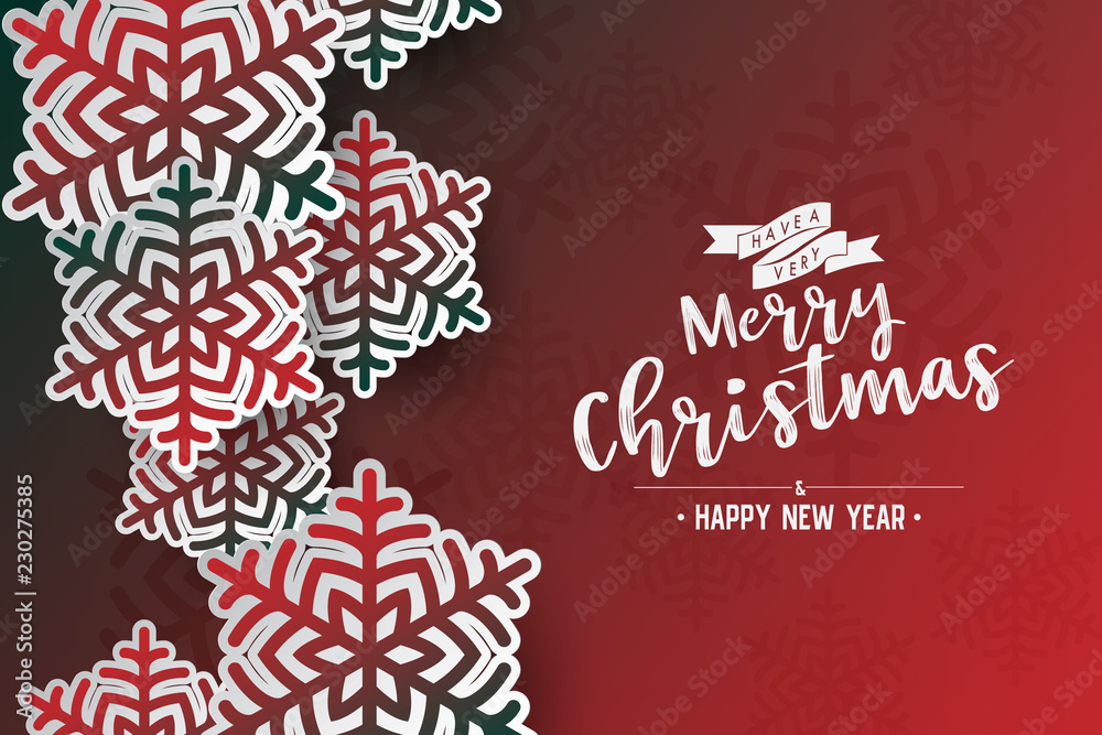 Poster Colours paper cut of vector snowflake on gradient colours ornate background with merry christmas phase text