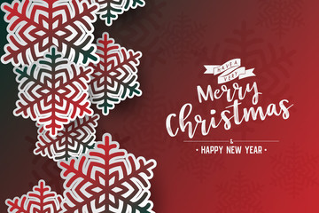 Colours paper cut of vector snowflake on gradient colours ornate background with merry christmas phase text