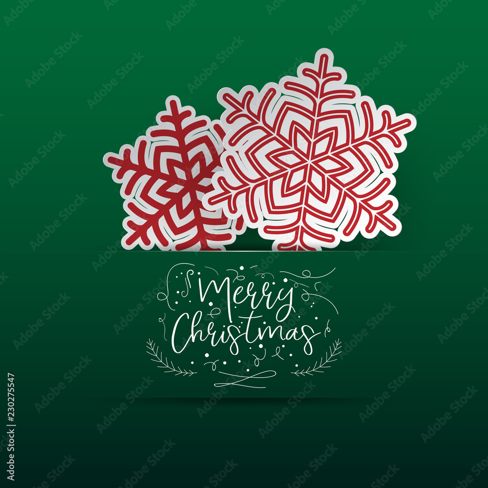 Poster Colours paper cut of vector snowflake on gradient colours ornate background with merry christmas phase text