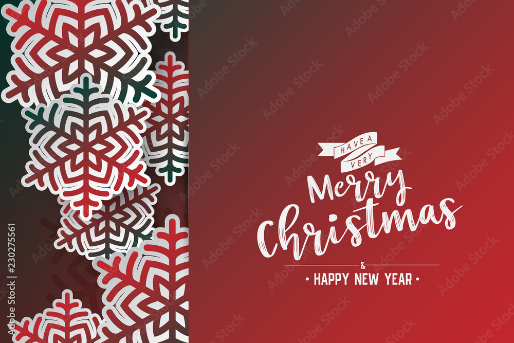 Poster Colours paper cut of vector snowflake on gradient colours ornate background with merry christmas phase text