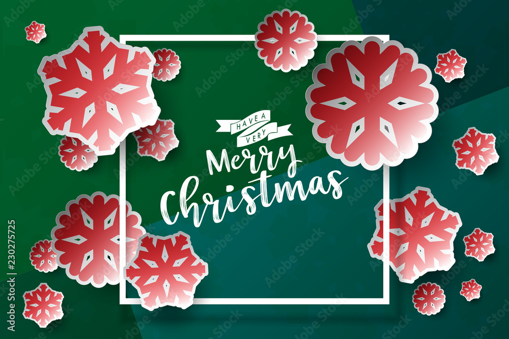 Poster colours paper cut of vector snowflake on gradient colours ornate background with merry christmas pha